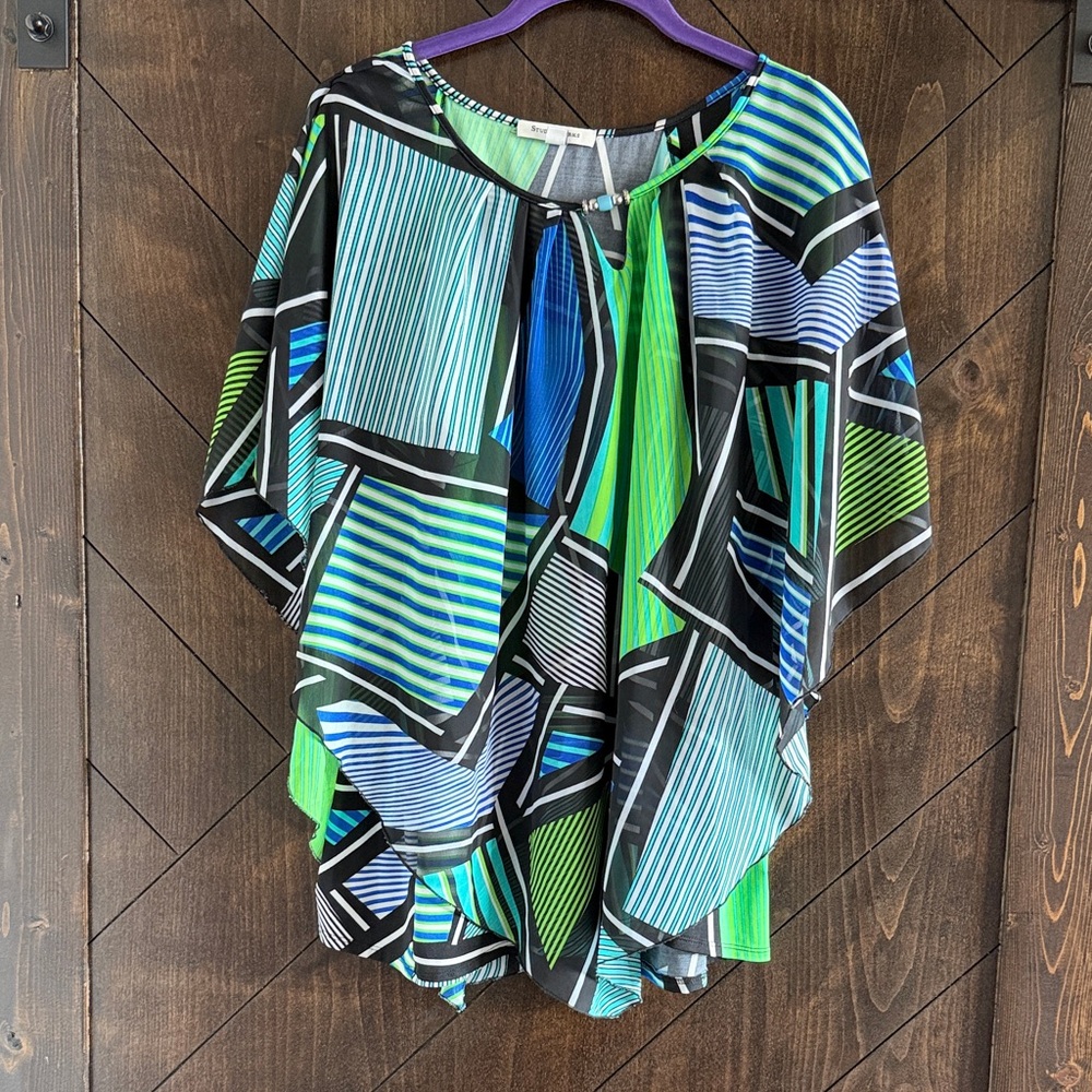 Studio Works Abstract Geo Flutter-Sleeve Top in Blue & Green